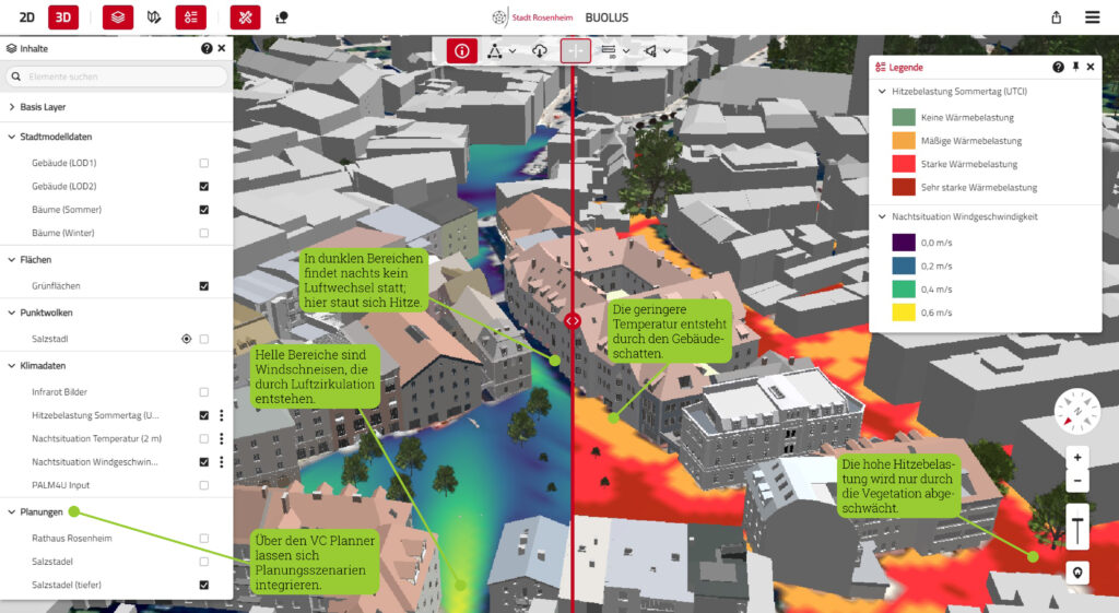 Stadt Rosenheim: Vergleich von Tages- und Nachtansicht im Digitalen Zwilling. Dunkelblaue Bereiche zeigen Hitzeinseln ohne Luftzirkulation, während hellgrüne Zonen als Windschneisen kühle Luft transportieren.