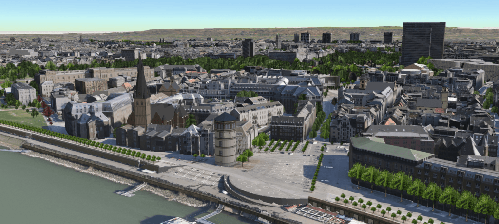 3D-Modell der Düsseldorfer Altstadt mit Rheinufer, Lambertuskirche und Schlossturm im Urbanen Digitalen Zwilling