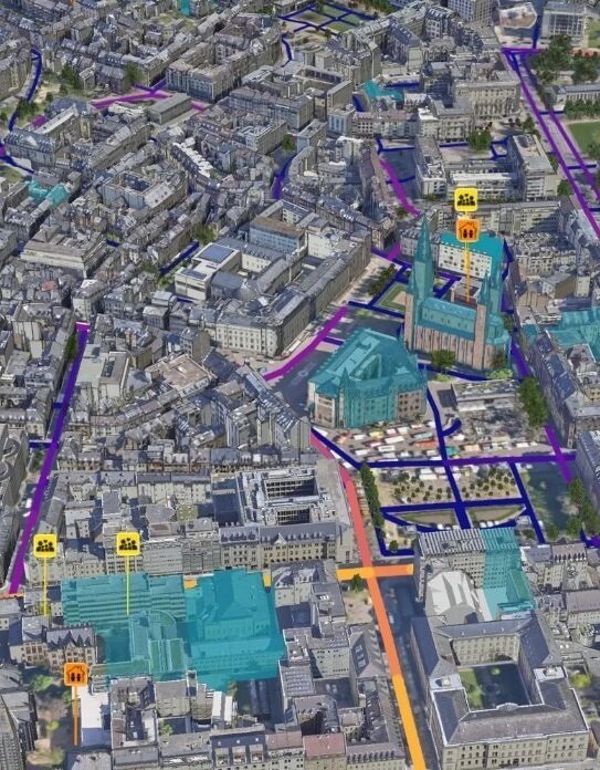 3D city model of Wiesbaden’s inner city featuring thematic layers on infrastructure, building use, and urban planning within the Urban Digital Twin.