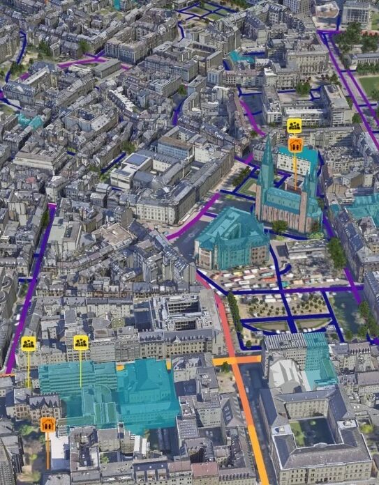 3D-Stadtmodell der Wiesbadener Innenstadt mit visualisierten Themenlayern zu Infrastruktur, Gebäudenutzung und Planung im Urbanen Digitalen Zwilling