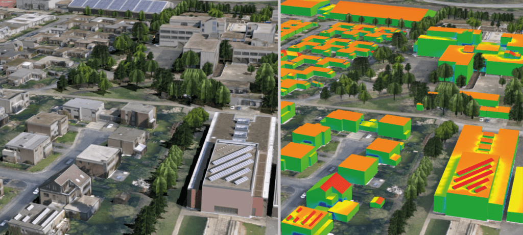 Vergleichsansicht der Koblenzer Straße: links reale Dachlandschaft mit bestehenden PV-Anlagen, rechts farbige Solarpotenzialanalyse im Urbanen Digitalen Zwilling