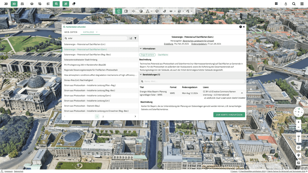 Screenshot der VC Map 6.2 mit Dynamic Layer Plugin von Virtual City Systems: Darstellung von Solarpotenzial-Daten aus externen Katalogen direkt in einer 3D-Karte.