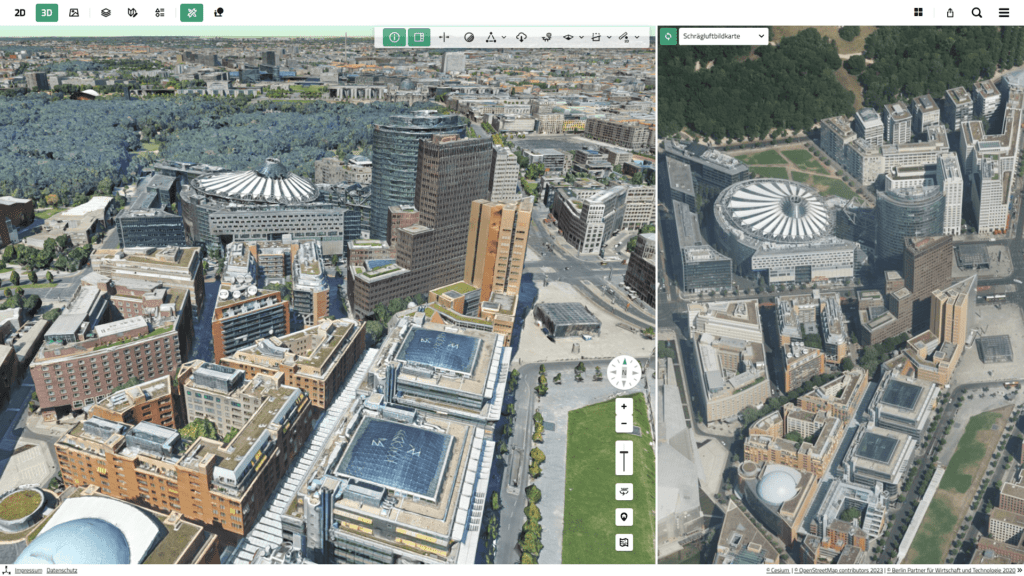 Screenshot der VC Map 6.2 mit Multi View Plugin von Virtual City Systems: Nebenkarte mit synchronisierter Darstellung von 2D-, 3D- und Schrägluftbildern.