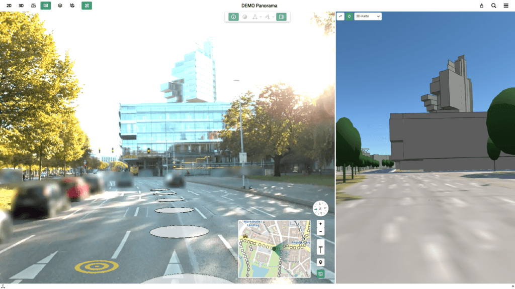 Screenshot des neuen Panorama Viewers in VC Map 6.2 von Virtual City Systems: Darstellung von 360°-Panoramabildern synchronisiert mit 3D-Stadtmodell.