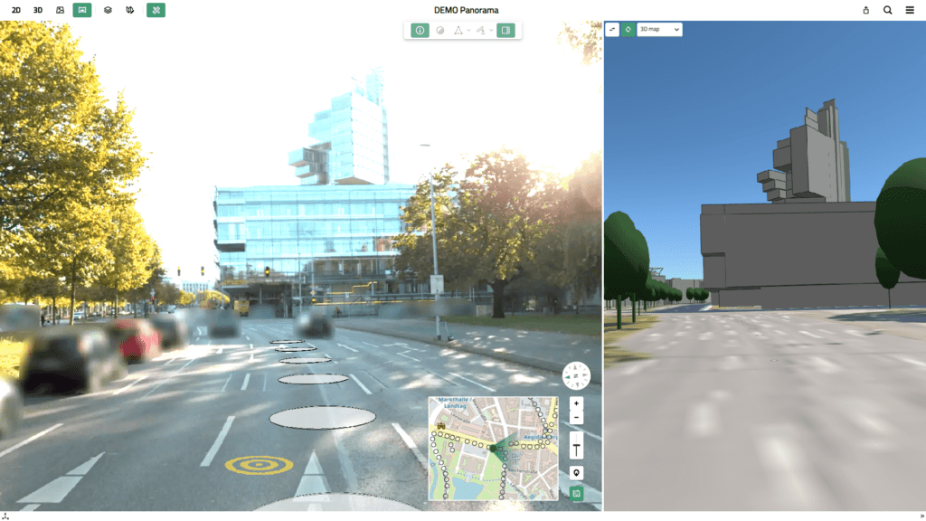 Screenshot of the new Panorama Viewer in VC Map 6.2 by Virtual City Systems: 360° panoramic images synchronized with a 3D city model.