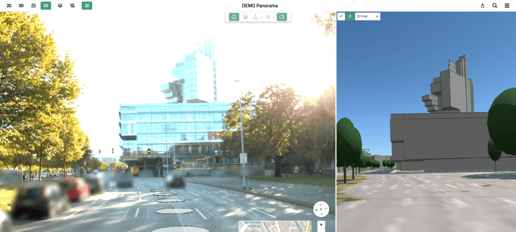Screenshot of the new Panorama Viewer in VC Map 6.2 by Virtual City Systems: 360° panoramic images synchronized with a 3D city model.