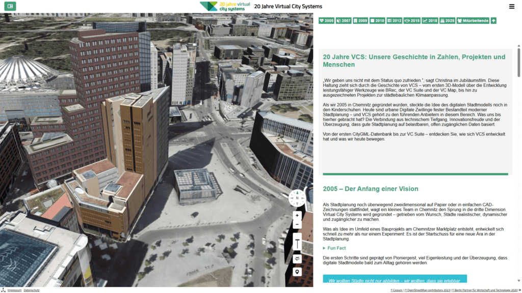 Screenshot einer VC Story Anwendung in VC Map 6 von Virtual City Systems: Storytelling mit 3D-Stadtmodell und interaktiven Karteninhalten.