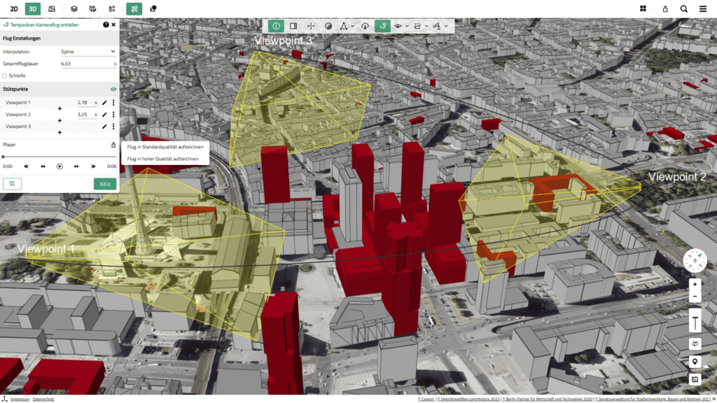 Screenshot der VC Map 6.2 von Virtual City Systems: Kameraflug durch 3D-Stadtmodell mit Export als Videodatei.