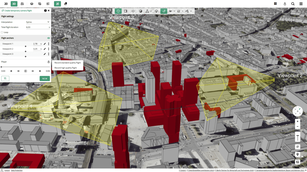 Screenshot of VC Map 6.2 by Virtual City Systems: camera flight through 3D city model exported as a video file.