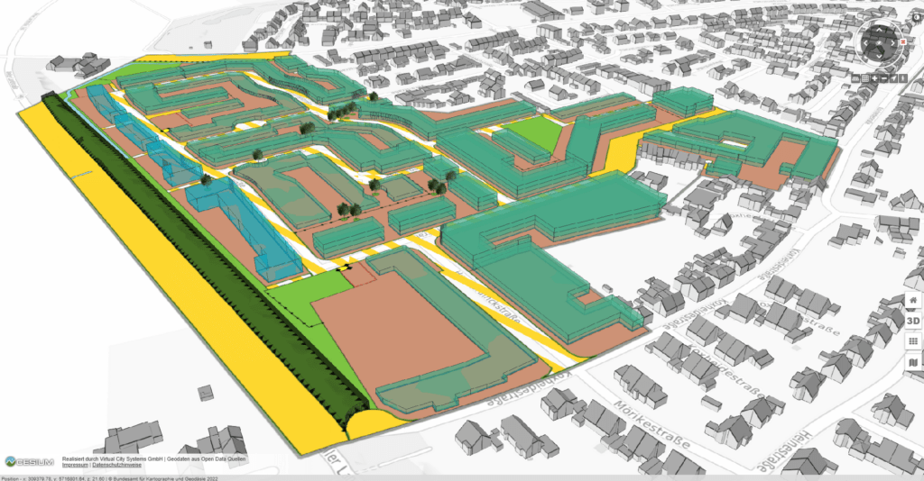 Screenshot of VC Map with XPlan3D Plugin by Virtual City Systems: automatic 3D visualization of a development plan in XPlanGML format.