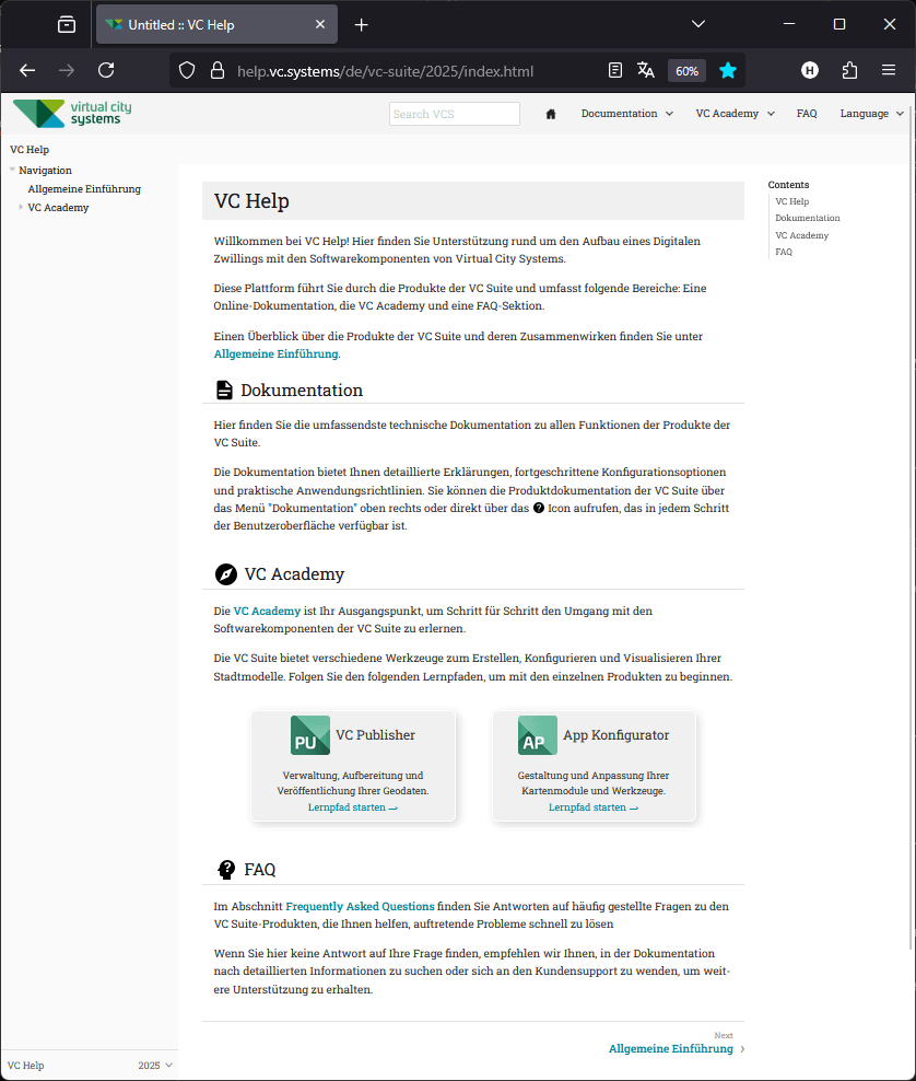 Screenshot der VC Help-Seite von Virtual City Systems mit Informationen zu Dokumentation, VC Academy und FAQ zur VC Suite.