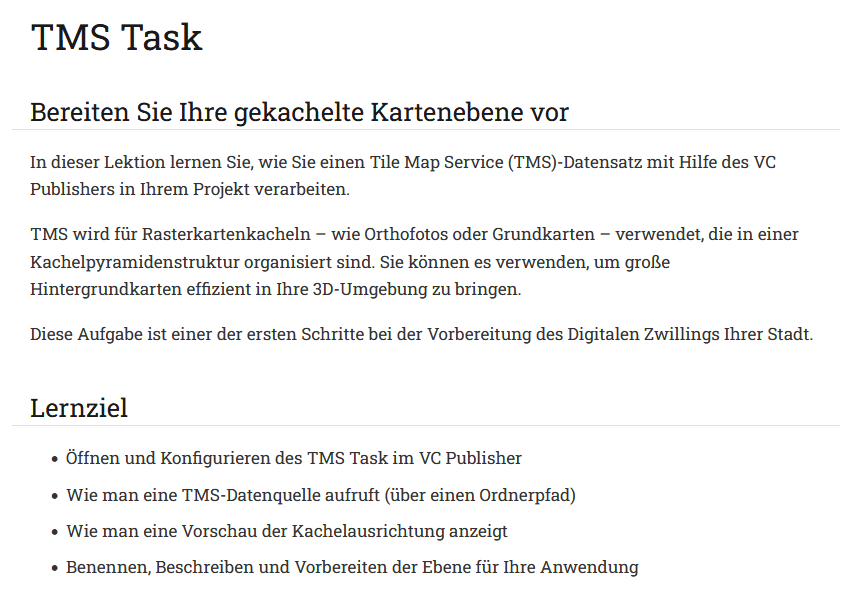 Screenshot der VC Academy-Seite mit der Lektion „TMS Task“ zur Vorbereitung einer gekachelten Kartenebene im VC Publisher.