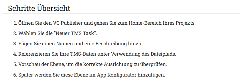 Screenshot der Schritt-für-Schritt-Anleitung im VC Publisher zur Erstellung eines neuen TMS Tasks.