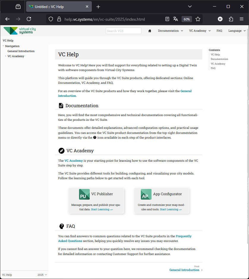 Screenshot of the VC Help page showing sections for Documentation, VC Academy, and FAQ within the VC Suite support portal by Virtual City Systems.