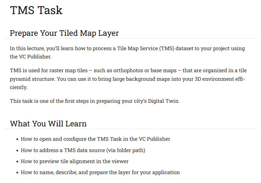 Screenshot of the VC Academy lesson “TMS Task” showing learning objectives and instructions for preparing a tiled map layer in the VC Publisher.