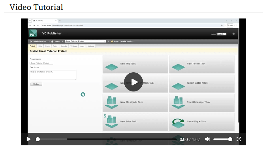 Screenshot of the VC Publisher interface showing a video tutorial for creating and managing tasks such as TMS, Terrain, and 3D objects in the VC Suite.