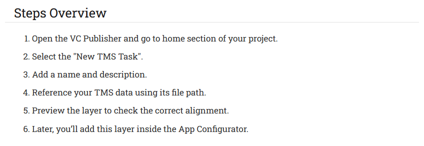 Screenshot of the Steps Overview list showing instructions for configuring a TMS Task in the VC Publisher.