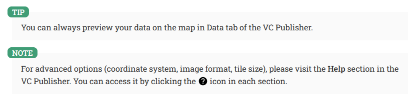 Screenshot showing a Tip and Note from the VC Publisher guide, explaining how to preview data on the map and access advanced options through the Help section.