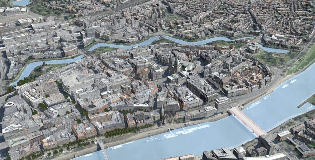 3D-Stadtmodell der Bremer Innenstadt im Urbanen Digitalen Zwilling Bremen mit Weser und Stadtquartieren