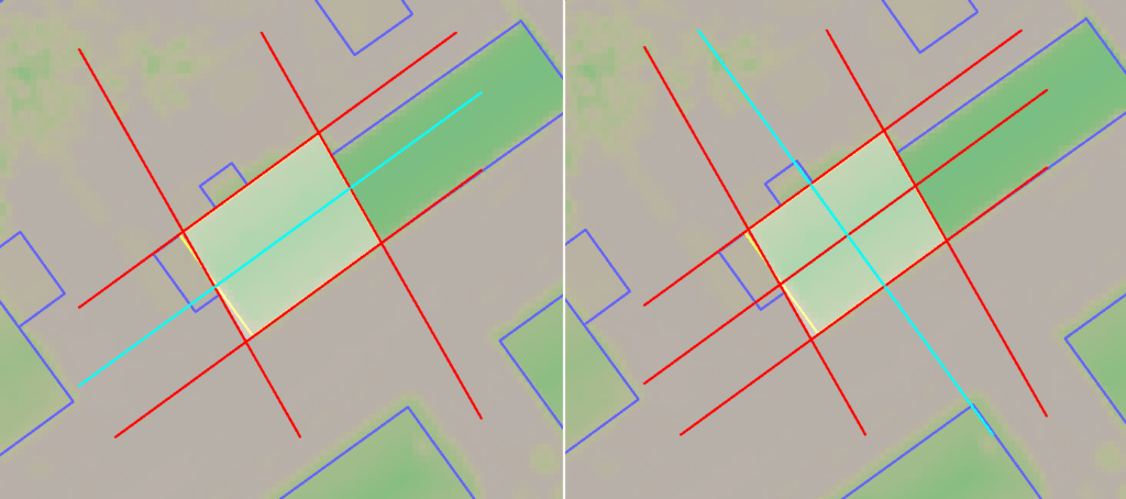 Decomposition lines of a building roof with a new orthogonal line in the Cell Editor