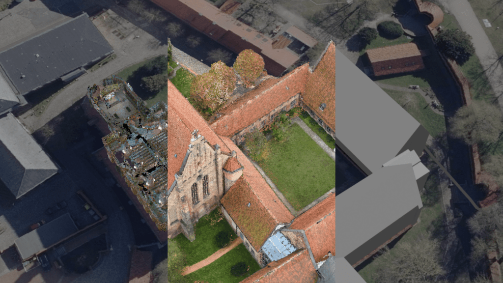 Kloster zum Heiligen Kreuz in Rostock als Punktwolke, digitales Oberflächenmodell und LoD2 im 3D-Stadtmodell des Urbanen Digitalen Zwillings