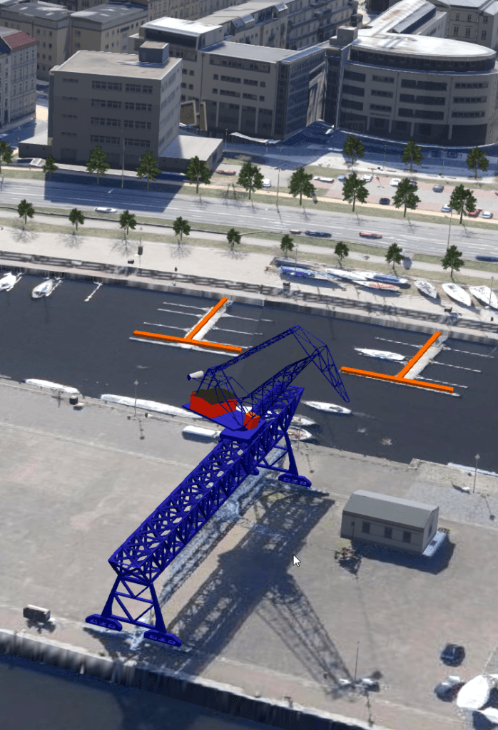 Brückenkran im Rostocker Stadthafen im Urbanen Digitalen Zwilling der Stadt Rostock dargestellt in der VC Map