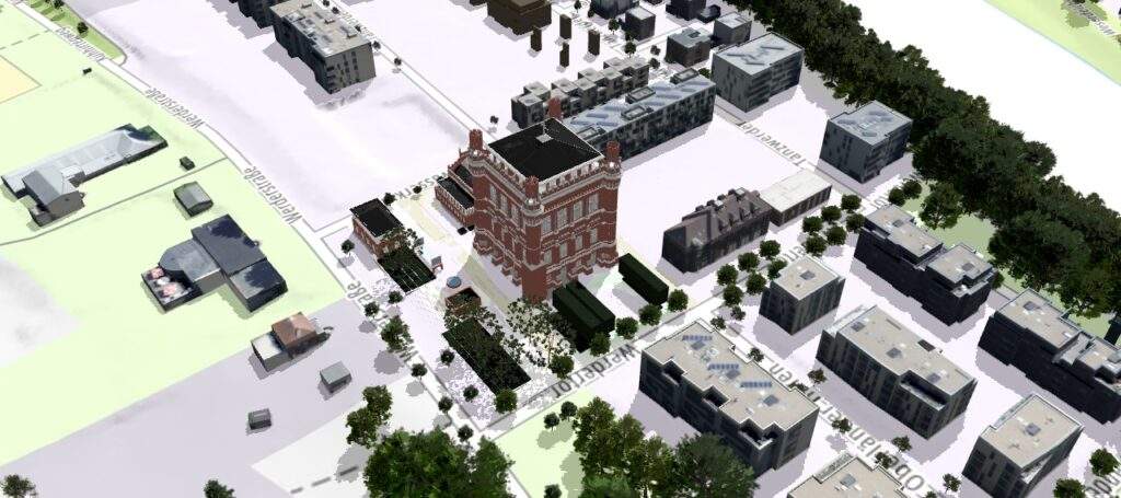 Gewinnerentwurf des Wettbewerbs „Umgedrehte Kommode“ in Bremen mit Schattenanalyse im 3D-Stadtmodell.