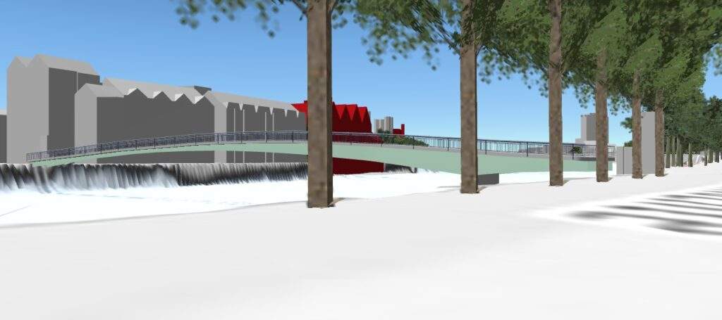 Fußgängermodus im VC Planner mit hervorgehobenen denkmalgeschützten Gebäuden im 3D-Stadtmodell von Bremen.