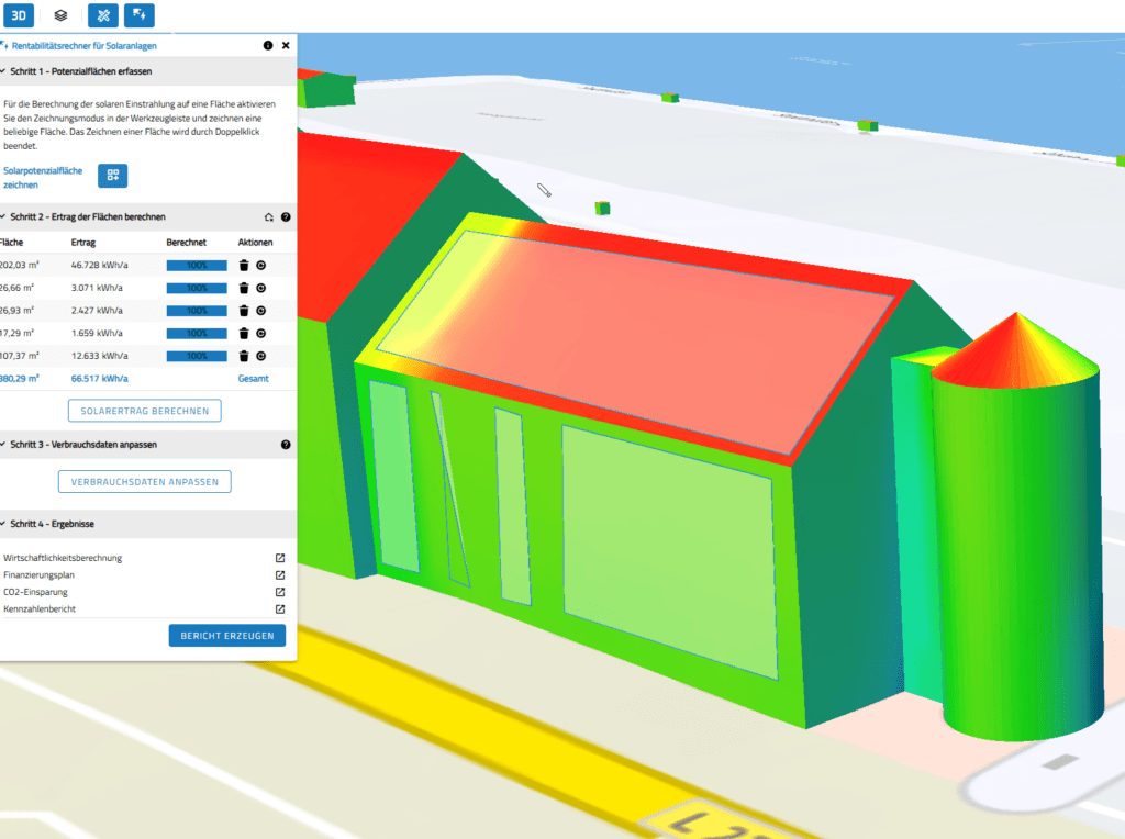 VC Solar App: Berechnung von Solarpotenzial, Wirtschaftlichkeit und CO₂-Einsparung direkt im 3D-Stadtmodell