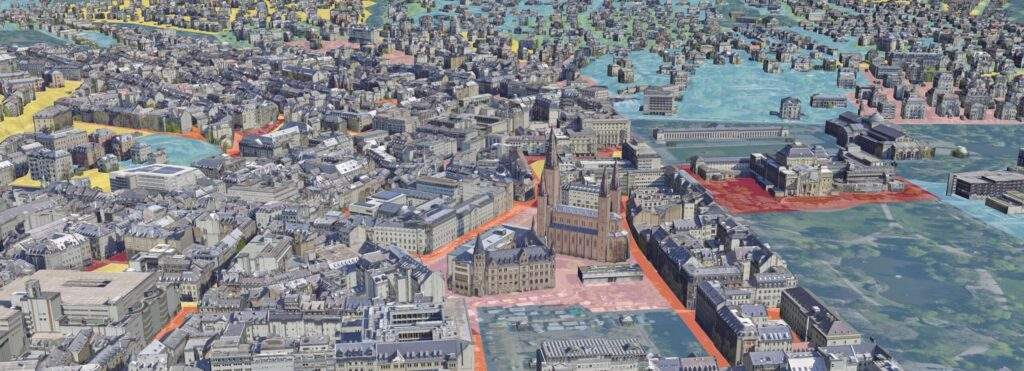 Visualisierung des gruppierten Wärmebedarfs im Urbanen Digitalen Zwilling Wiesbaden im 3D-Stadtmodell