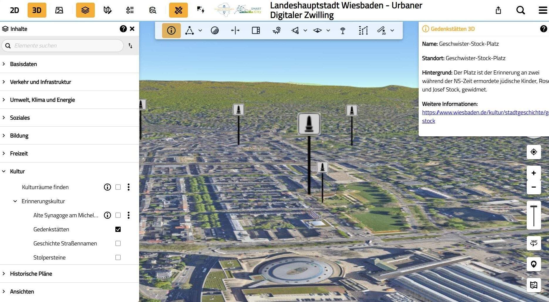 3D-Stadtmodell von Wiesbaden mit eingeblendeter Übersicht von Gedenkstätten