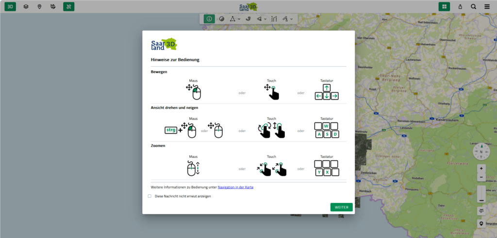 Bedienhinweise zur Navigation im Digitalen Zwilling Saarland 3D mit Maus, Touch und Tastatur
