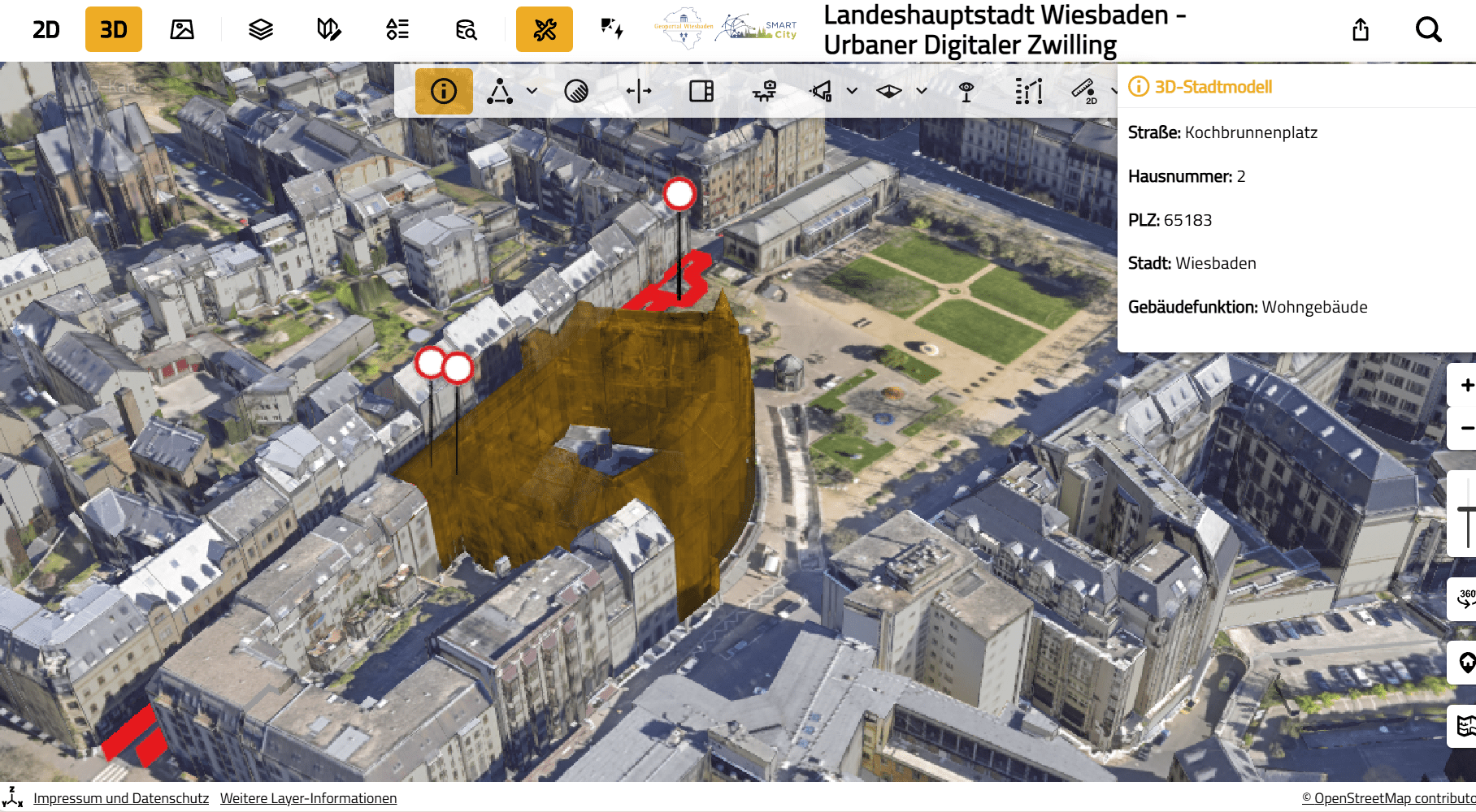 3D-Stadtmodell von Wiesbaden mit eingeblendeter Baustelle