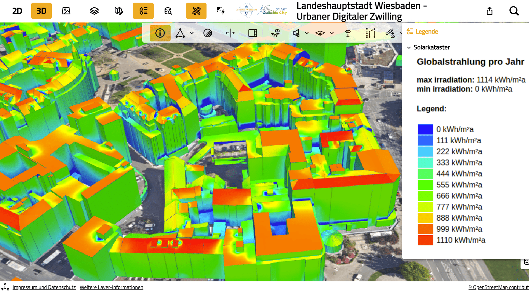 3D-Stadtmodell von Wiesbaden mit eingeblendetem Solar-Layer
