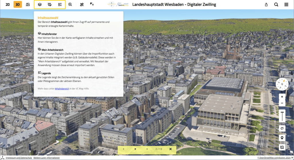 3D city model of Wiesbaden with an integrated guided tour and content selection in the VC Map