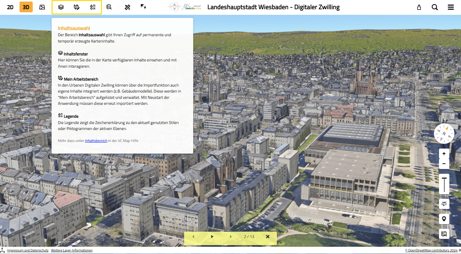 3D city model of Wiesbaden with an integrated guided tour and content selection in the VC Map