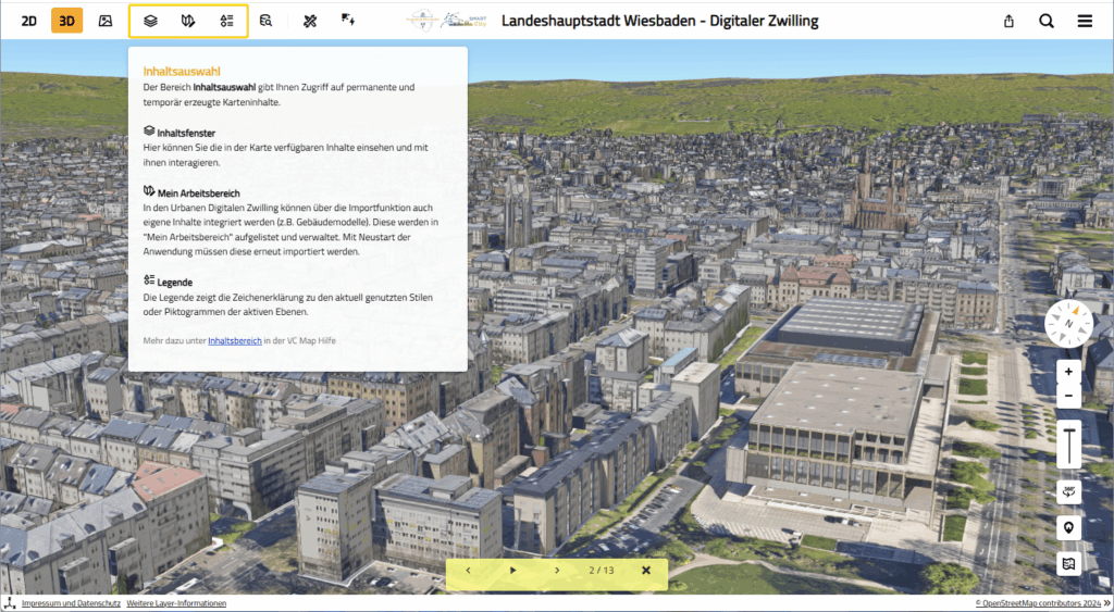 3D-Stadtmodell von Wiesbaden mit eingeblendeter Guided Tour und Inhaltsauswahl in der VC Map