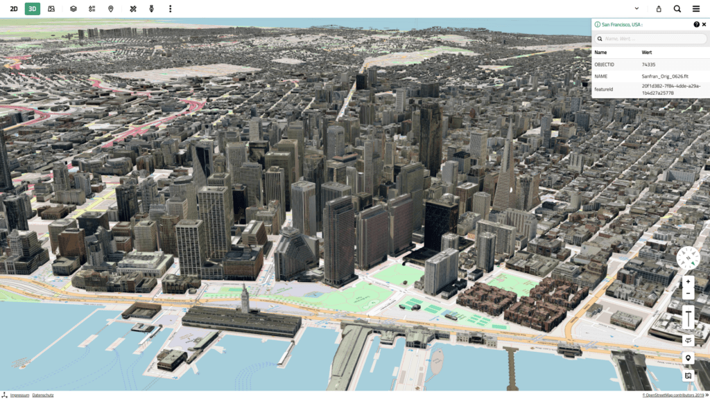 3D-Stadtmodell von San Francisco als I3S-Datensatz mit Gebäudeinformationen im Feature-Info-Fenster