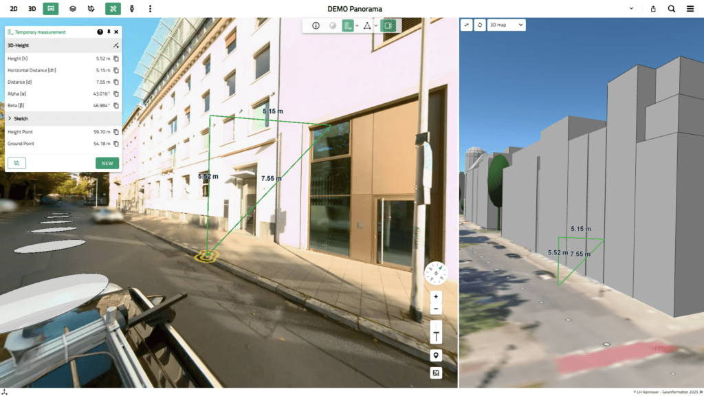 Panorama image with 3D distance measurement and transfer to 3D map view