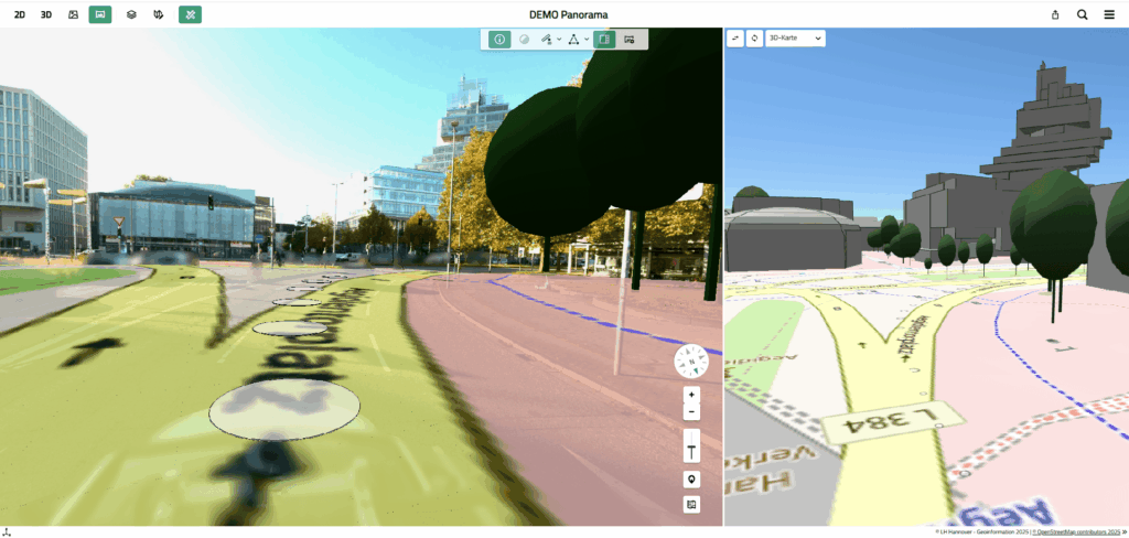 Panoramic image with overlaid map data and 3D objects, alongside a parallel map view