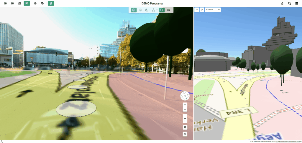 Panoramabild mit eingeblendeten Kartendaten und 3D-Objekten sowie paralleler Kartenansicht