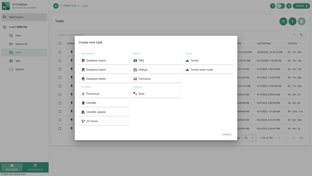 VC Publisher 6.0 user interface with dialog for creating new tasks