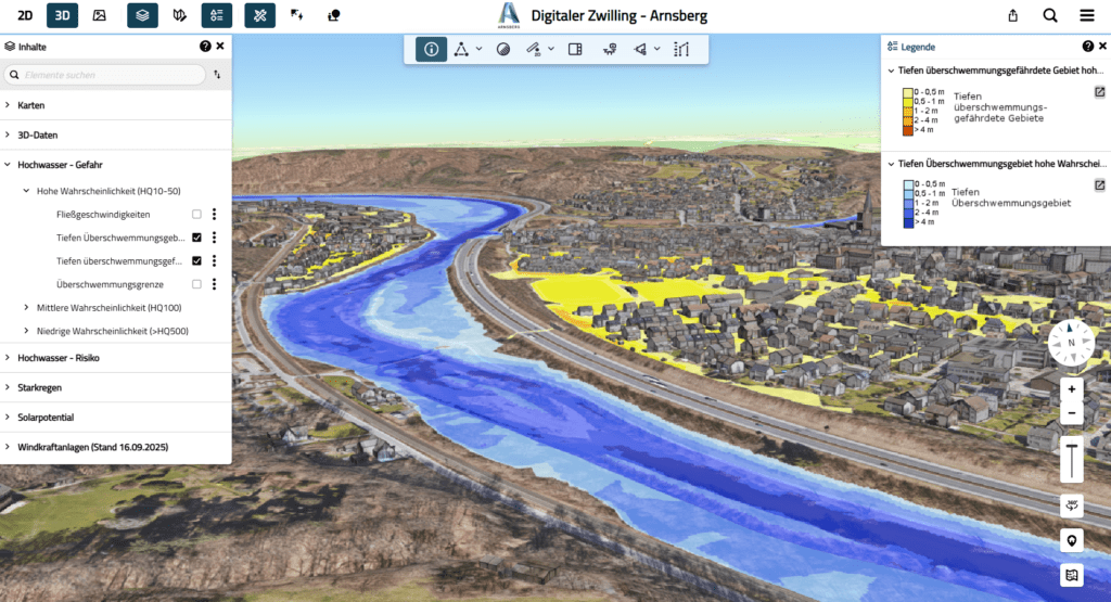 Urbaner Digitaler Zwilling Arnsberg: Visualisierung von Überschwemmungs- und hochwasserdetektionsgefährdeten Gebieten entlang der Ruhr bei Hochwasserereignissen