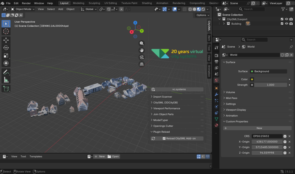 Blender-Ansicht eines 3D-Stadtmodells aus CityGML, das direkt bearbeitet und weiterverarbeitet werden kann