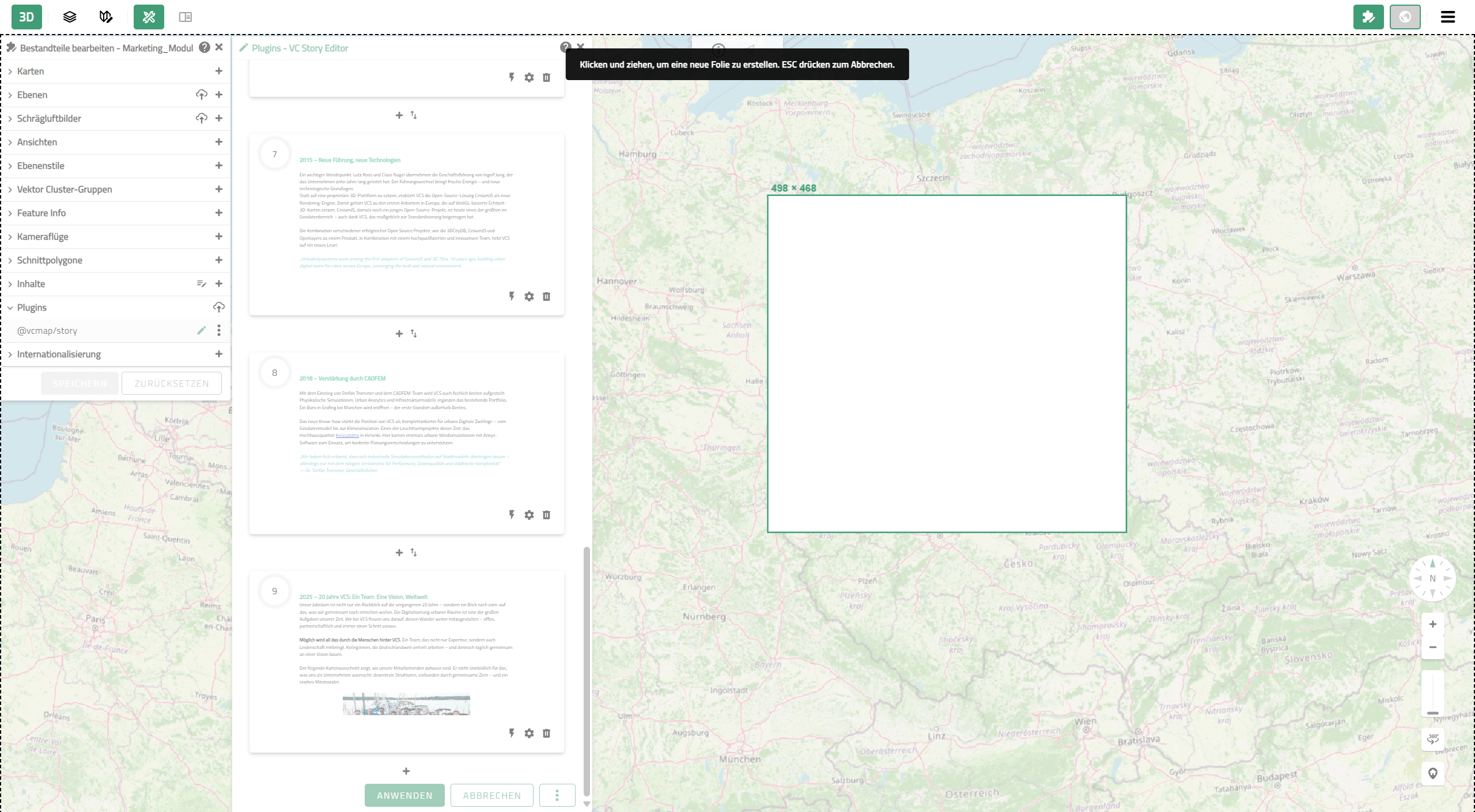 VC Story Editor: Bearbeitung einer Folie mit Zeichenfunktion und Inhaltselementen