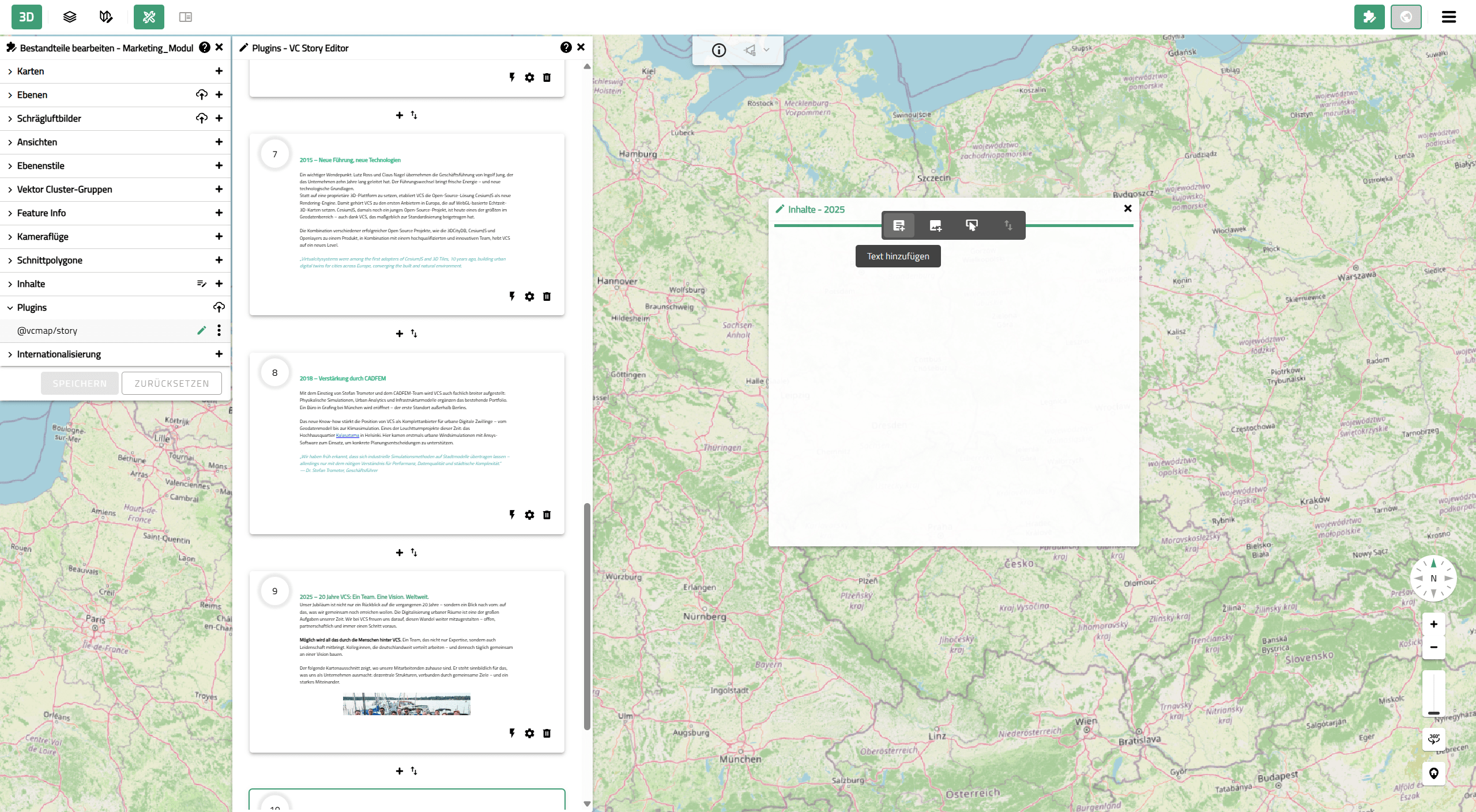 VC Story Editor: Einfügen eines Inhaltselements in eine Story-Sektion