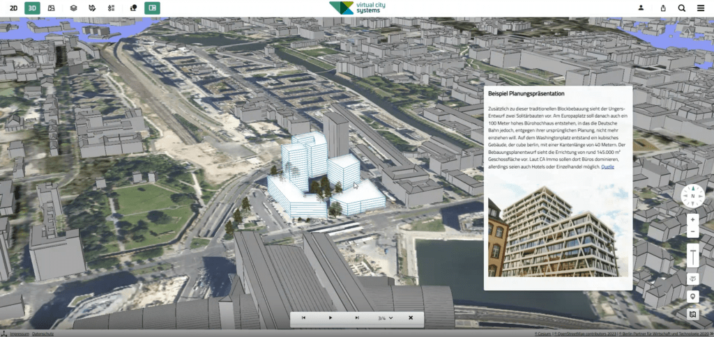 Interactive VC Story for urban planning, featuring a 3D city model, a proposed development project, and additional information on architecture and intended use.