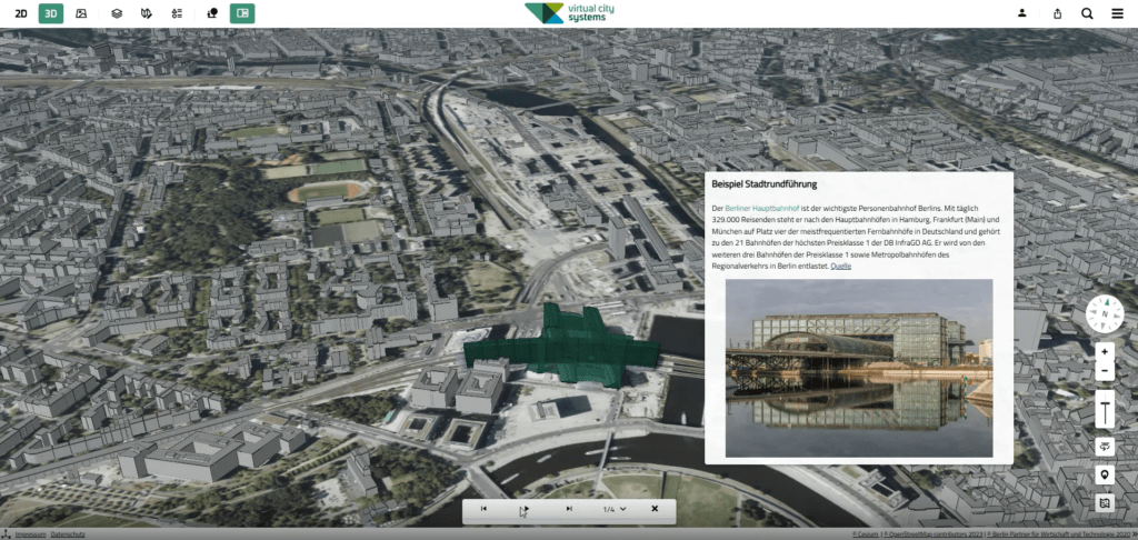 Interaktive Stadtführung in Berlin mit VC Story: Kartenansicht, hervorgehobene Gebäude und Infokasten mit Bild und Hintergrundinformationen.