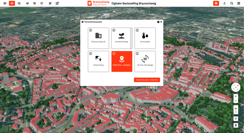 Urbaner Digitaler Zwilling Braunschweig mit der Themenkarte „Kühle Orte + Stadtplan“ zur Visualisierung hitzerelevanter Informationen im Stadtgebiet