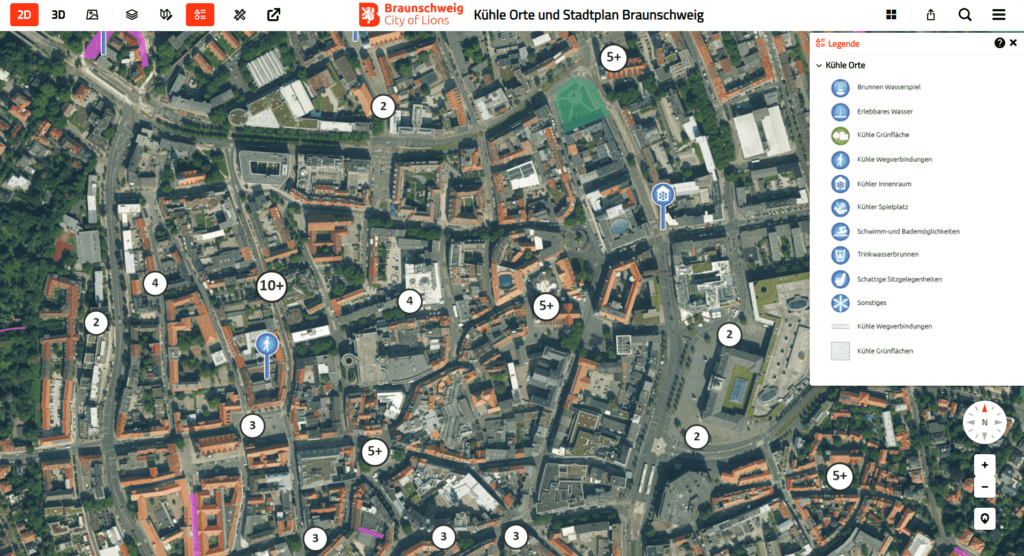 Themenkarte „Kühle Orte“ im Urbanen Digitalen Zwilling Braunschweig mit Standorten für Trinkbrunnen, schattige Sitzgelegenheiten, Grünflächen und weitere kühlende Orte.